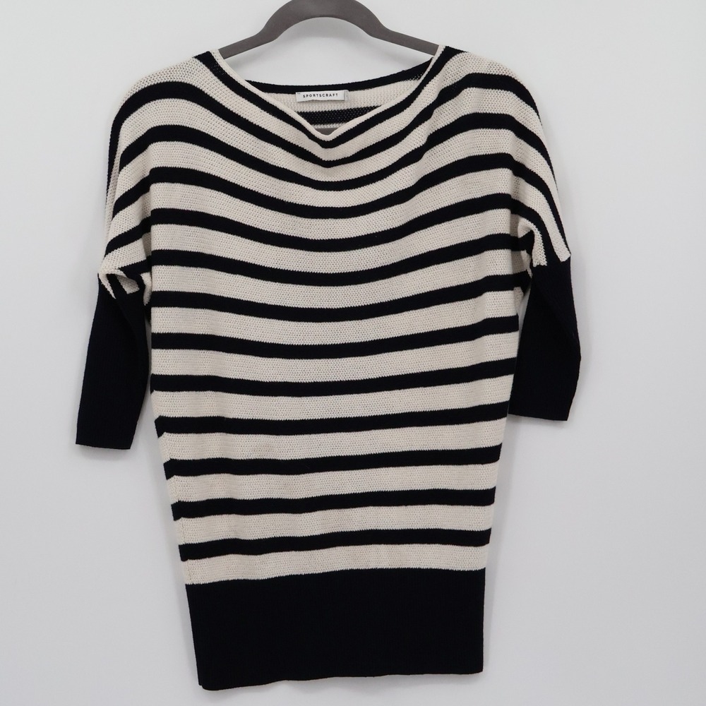 SPORTSCRAFT Striped Wool Sweater Womens S White‎ Fisherman Nautical Coastal Warm